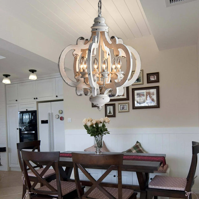 Antiqued Wood And Metal Chandelier, White Chandeliers TriadCommerceInc   