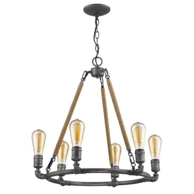 Grayson 6-Light Antique Gray Chandelier With Jute Wrapped Uprights Chandeliers TriadCommerceInc   