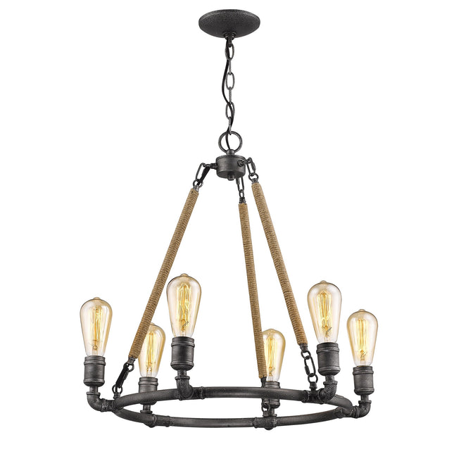 Grayson 6-Light Antique Gray Chandelier With Jute Wrapped Uprights Chandeliers TriadCommerceInc   