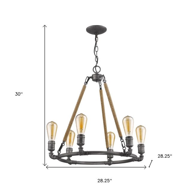 Grayson 6-Light Antique Gray Chandelier With Jute Wrapped Uprights Chandeliers TriadCommerceInc   