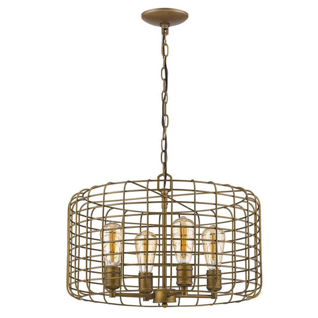 Lynden 4-Light Raw Brass Drum Pendant With Wire Cage Shade Pendant Light TriadCommerceInc   