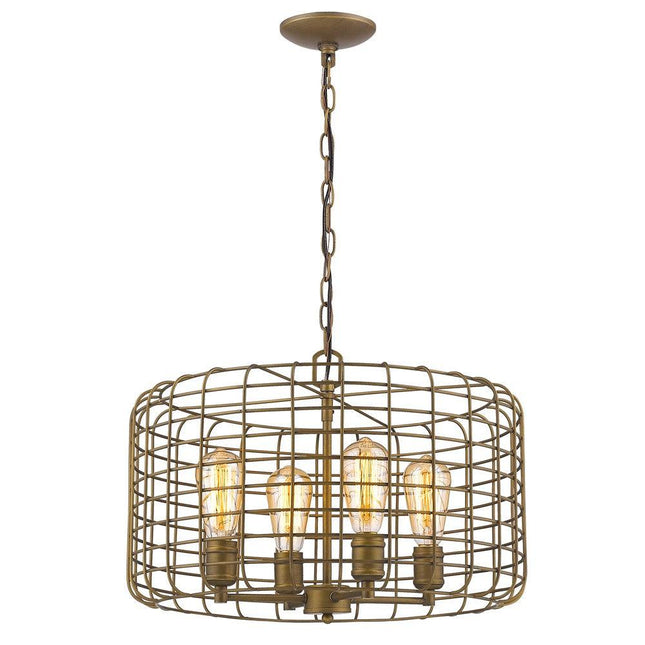 Lynden 4-Light Raw Brass Drum Pendant With Wire Cage Shade Pendant Light TriadCommerceInc   