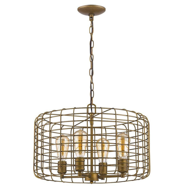 Lynden 4-Light Raw Brass Drum Pendant With Wire Cage Shade Pendant Light TriadCommerceInc   