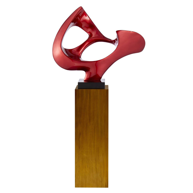 Metallic Red Abstract Mask Floor Sculpture With Wood Stand, 54" Tall Sculpture TriadCommerceInc   