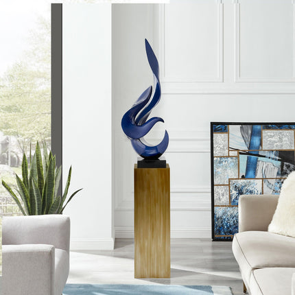 Navy Blue Flame Floor Sculpture With Bronze Stand, 65" Tall Sculpture [TriadCommerceInc]   