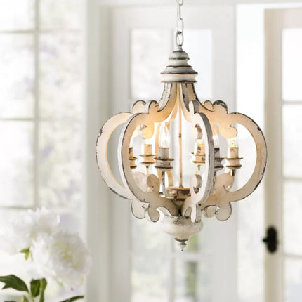 Antiqued Wood And Metal Chandelier, White Chandeliers [TriadCommerceInc]   
