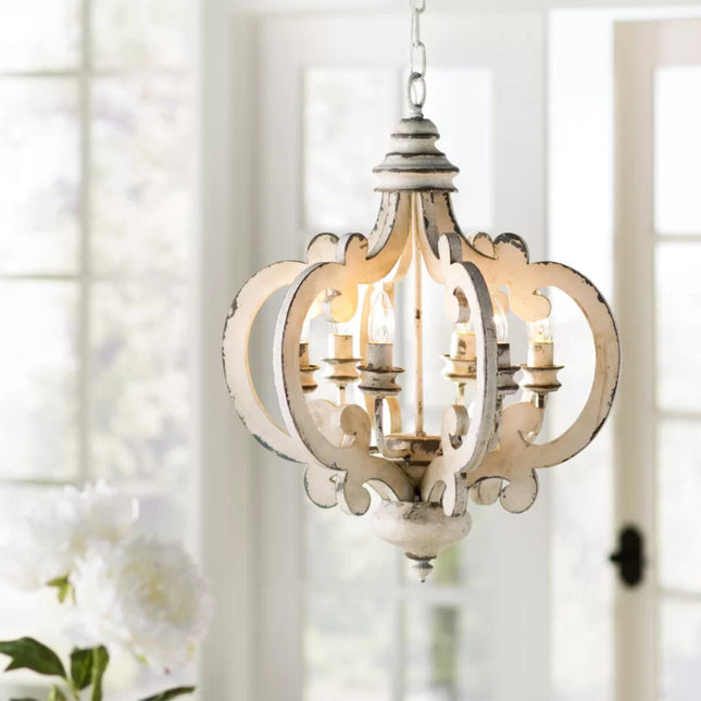 Antiqued Wood And Metal Chandelier, White Chandeliers TriadCommerceInc   