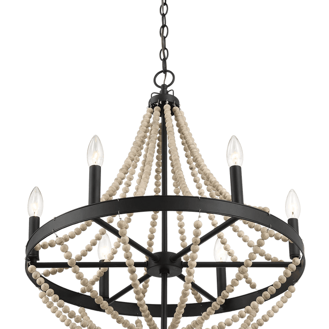 Starry Wood Chandelier Farmhouse Six Candle Light Wood Beaded Black Pendant Light for Dining Room Chandeliers TriadCommerceInc   