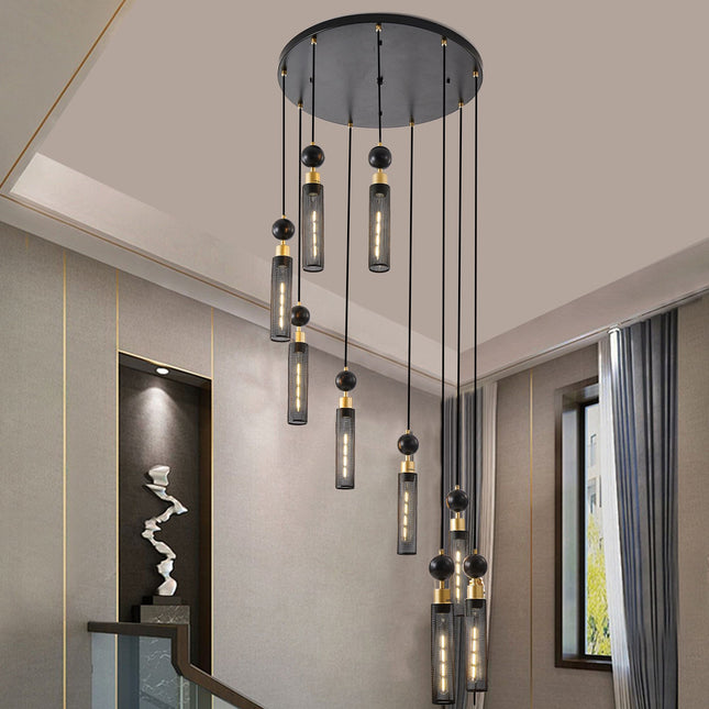 Modern Industrial 9-Light Black & Gold Pendant Chandelier Chandeliers TriadCommerceInc