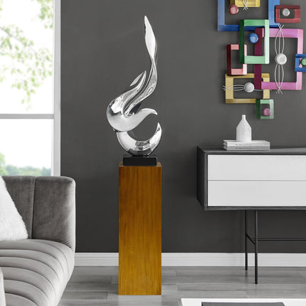 Chrome Flame Floor Sculpture With Wood Stand, 65" Tall Sculpture [TriadCommerceInc]   